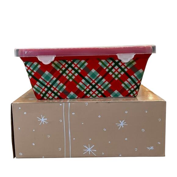 Temptations by Tara Mini Ceramic Loaf Pan w/ Lid 12oz Holiday Plaid Red Green - Picture 4 of 13